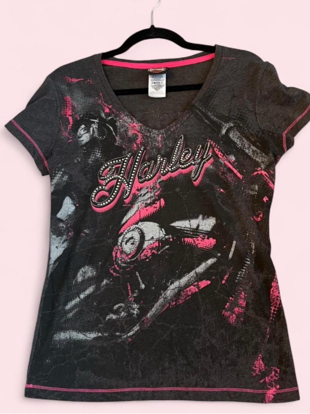 Harley-Davidson Baby Tee. Black & Hot Pink & Gray , rhinestone embellishments